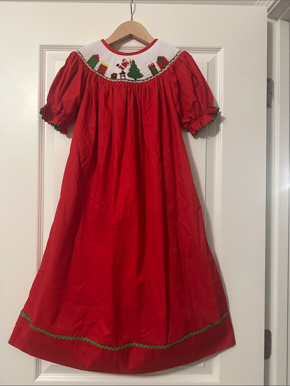Red Holiday Smocked Girls' Dress with Green Trim